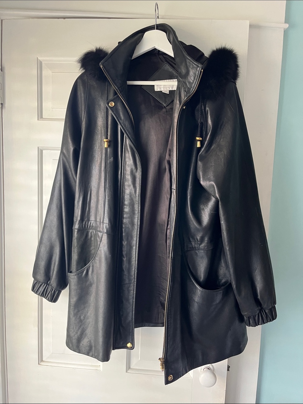 VTG Worthington Genuine Black Leather Jacket w/ Removable Hood Sz M